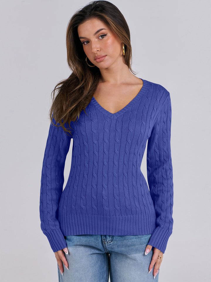 ANRABESS Women's Cable Knit V-Neck Fitted Sweater
