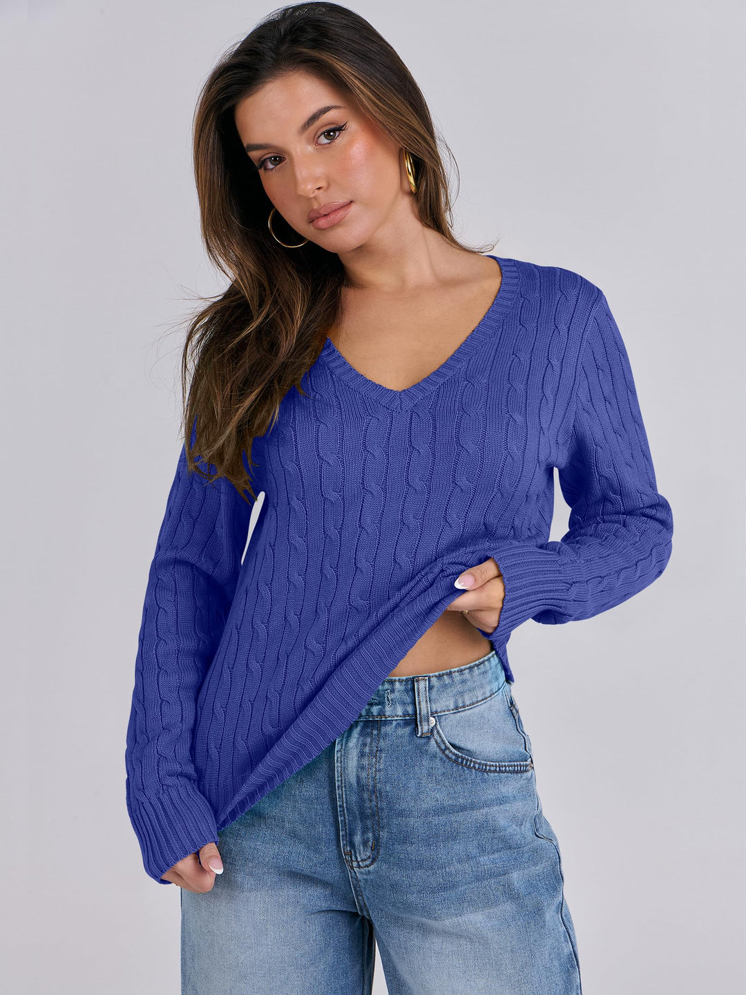 ANRABESS Women's Cable Knit V-Neck Fitted Sweater