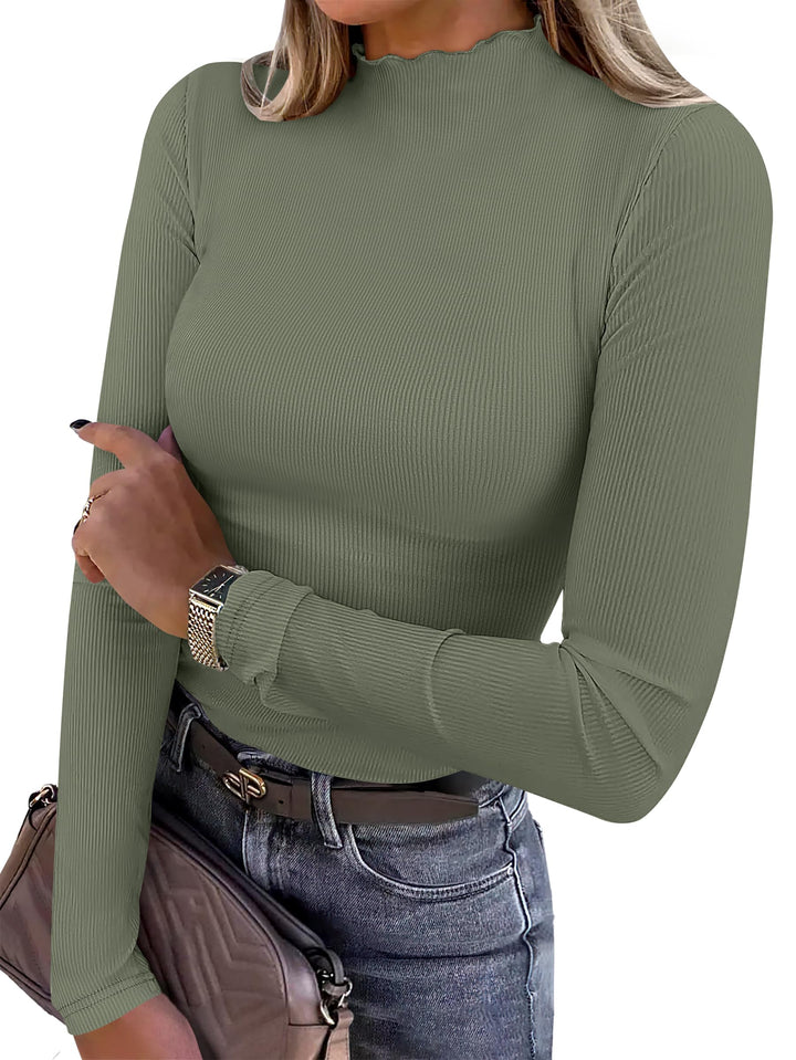 ANRABESS Women's Lettuce Trim Mock Neck Ribbed Top