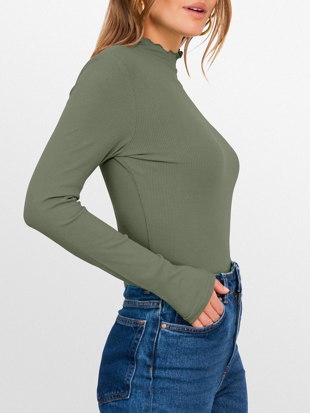 ANRABESS Women's Lettuce Trim Mock Neck Ribbed Top