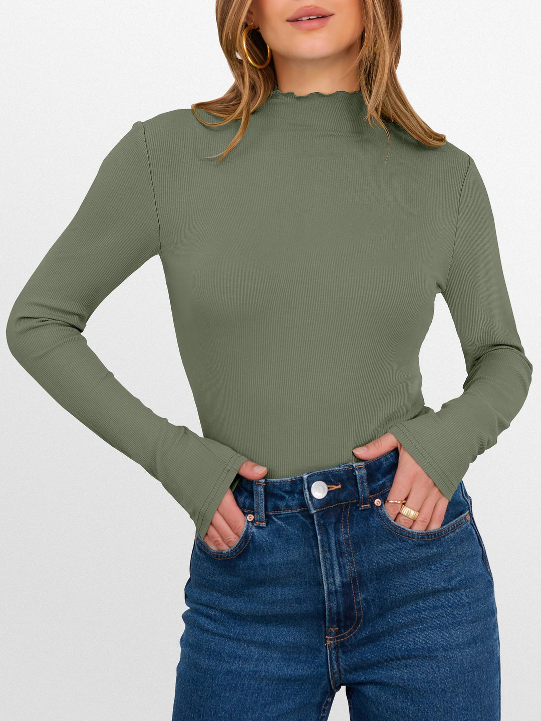 ANRABESS Women's Lettuce Trim Mock Neck Ribbed Top