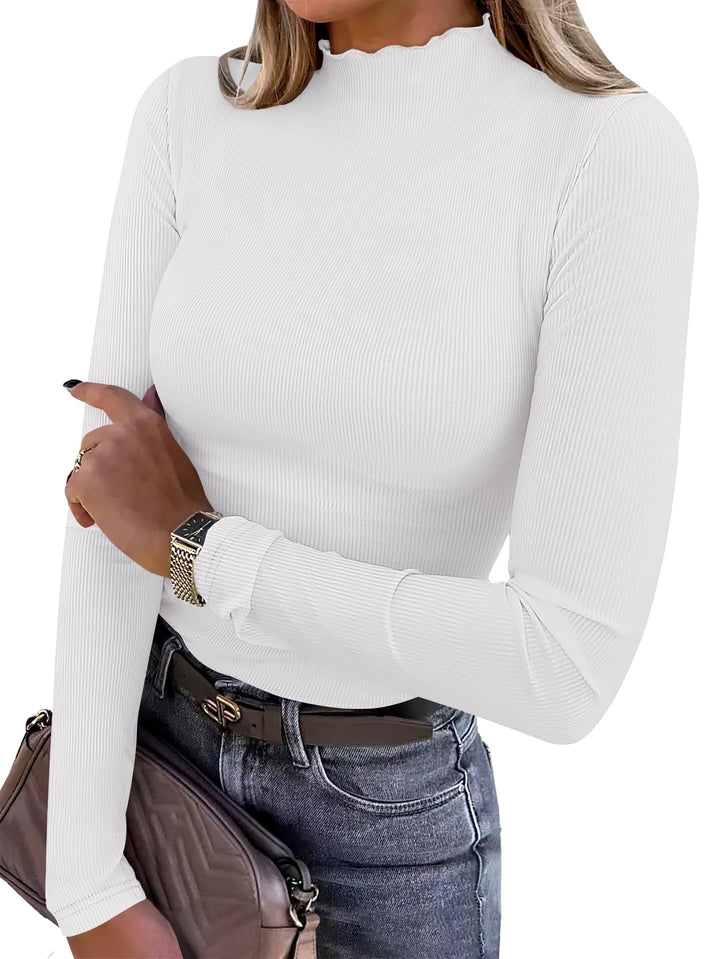 ANRABESS Women's Lettuce Trim Mock Neck Ribbed Top