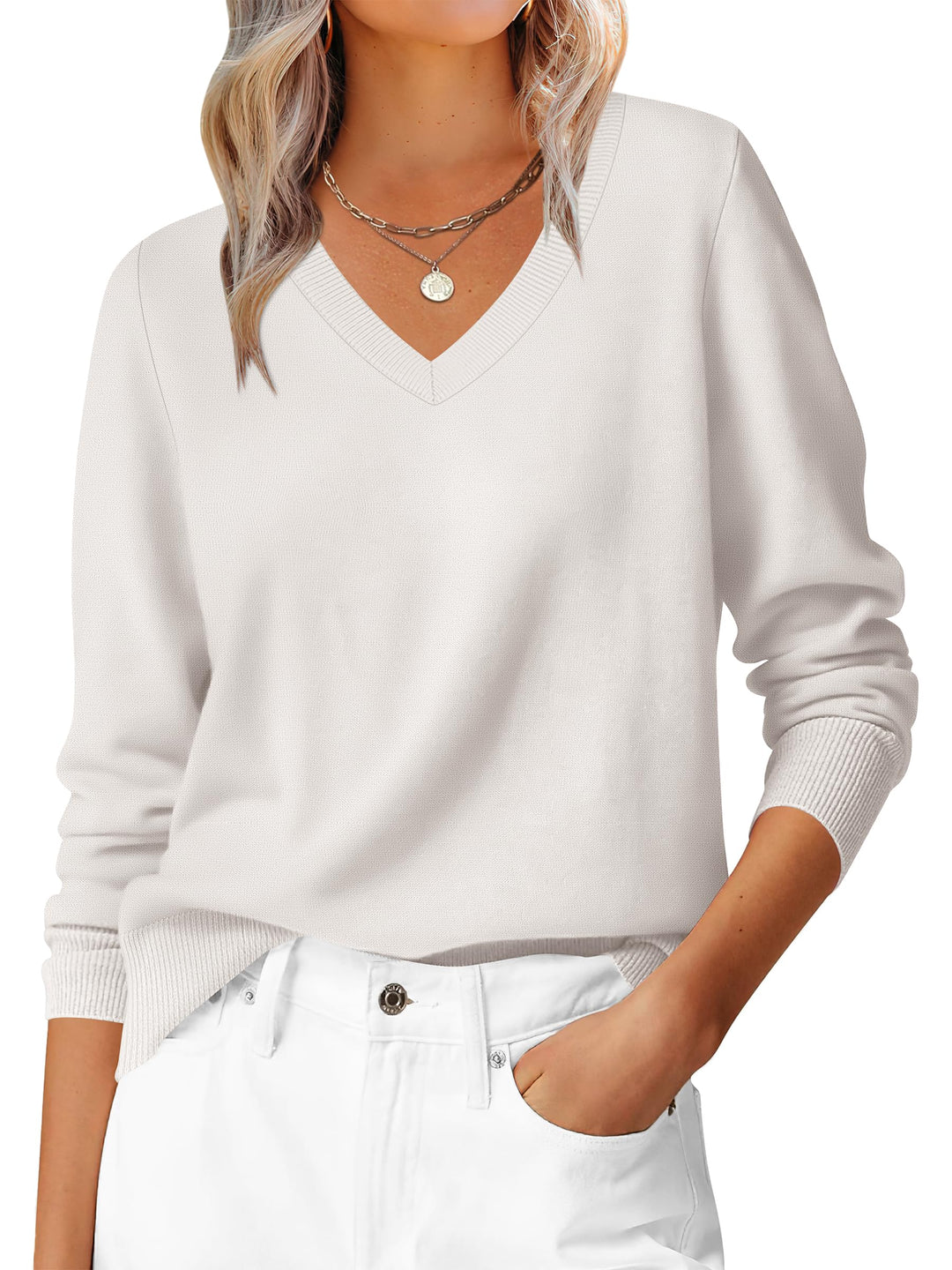 ANRABESS Women's Wool Blend V-Neck Long Sleeve Sweater
