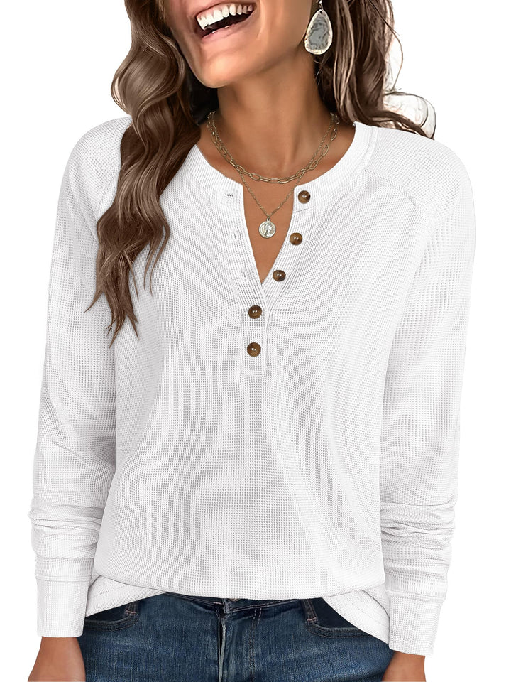 ANRABESS Long Sleeve Waffle Knit Shirts for Women Spring Fall Dressy Casual Button Up V Neck Henley Tops Loose Basic Tees Winter Clothes