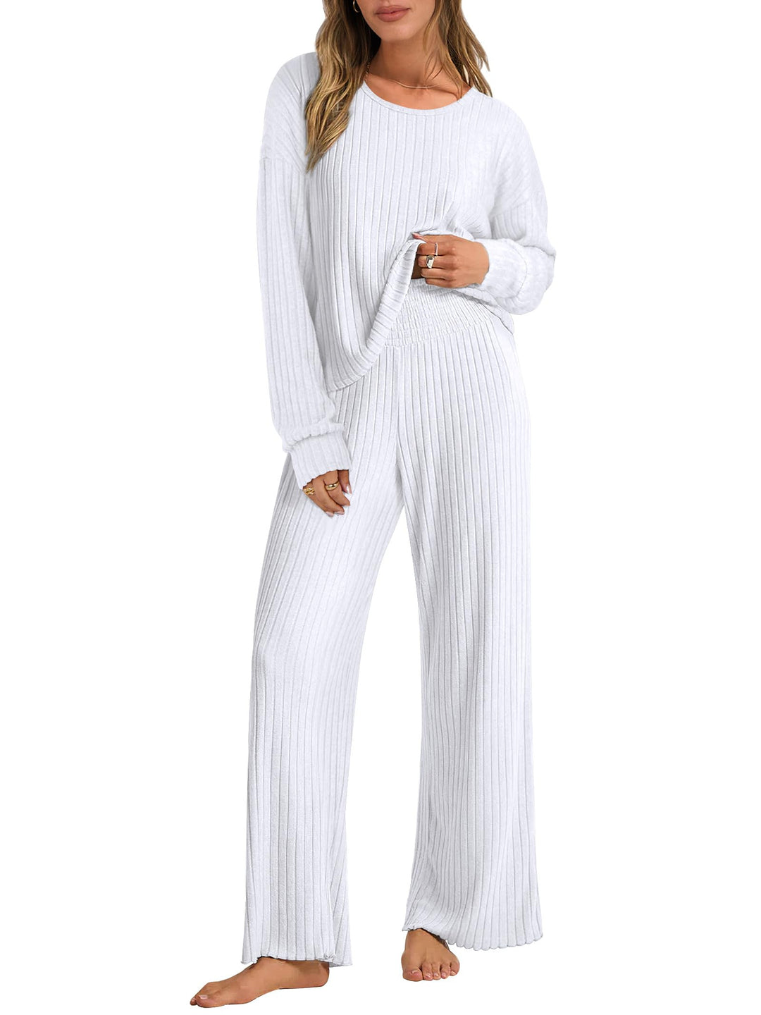 ANRABESS Women 2 Piece Lounge Pajamas Sets Casual Ribbed Knit Long Sleeve Top Pants Matching Set 2026 Fall Outfits Clothes