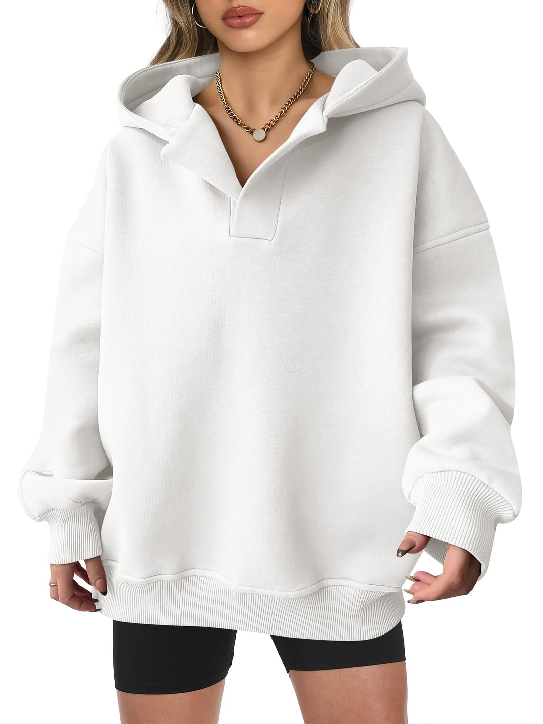 ANRABESS Women's Oversized V-Neck Fleece Hoodie