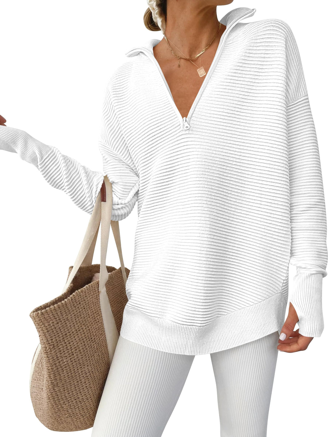 ANRABESS Women's Quarter Zip V-Neck Ribbed Sweater