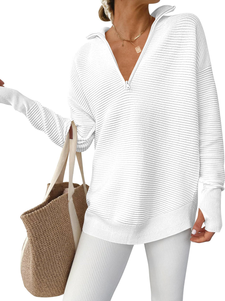 ANRABESS Women's Quarter Zip V-Neck Ribbed Sweater