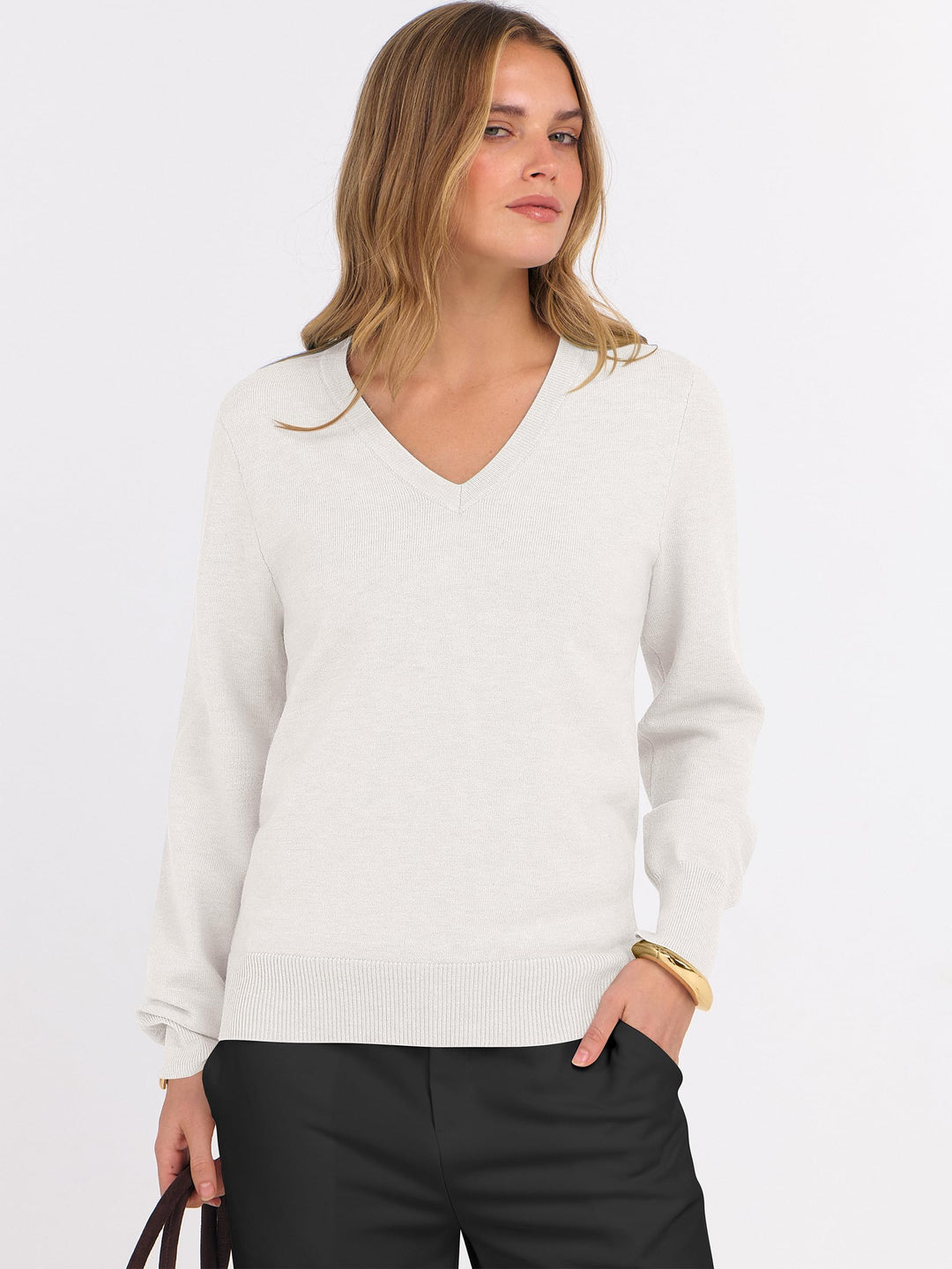 ANRABESS Women's Wool Blend V-Neck Long Sleeve Sweater