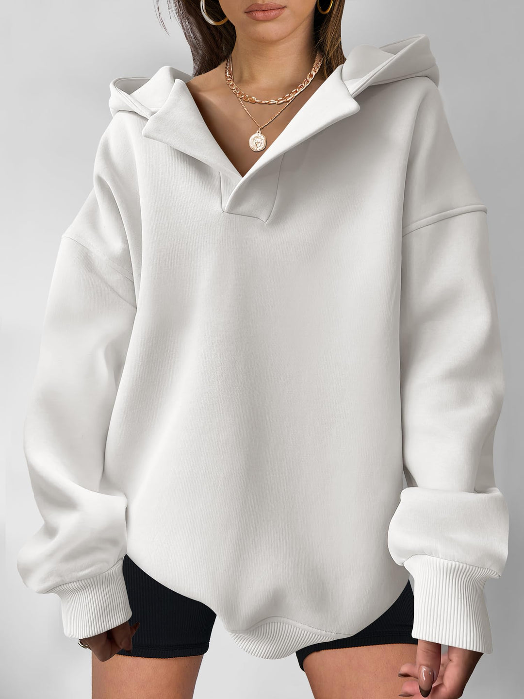 ANRABESS Women's Oversized V-Neck Fleece Hoodie