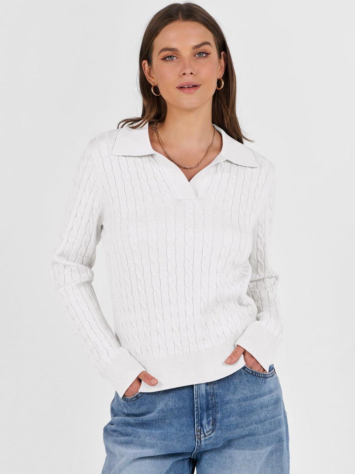 ANRABESS Women's Cable Knit V-Neck Long Sleeve Sweater