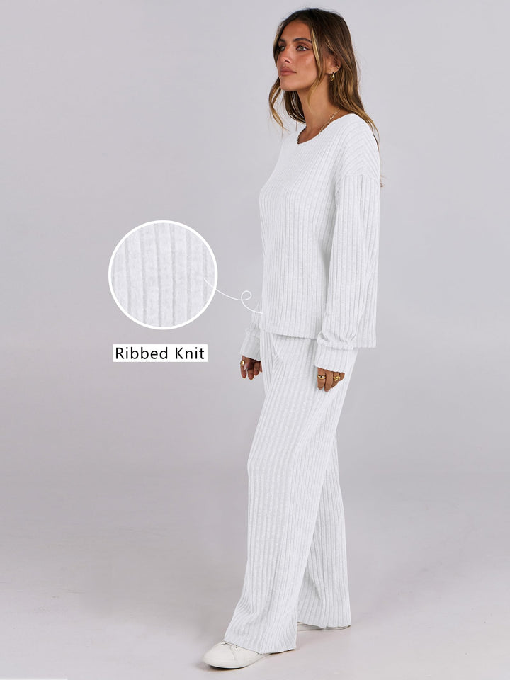 ANRABESS Women 2 Piece Lounge Pajamas Sets Casual Ribbed Knit Long Sleeve Top Pants Matching Set 2026 Fall Outfits Clothes