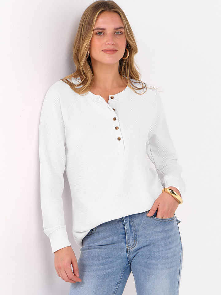 ANRABESS Long Sleeve Waffle Knit Shirts for Women Spring Fall Dressy Casual Button Up V Neck Henley Tops Loose Basic Tees Winter Clothes