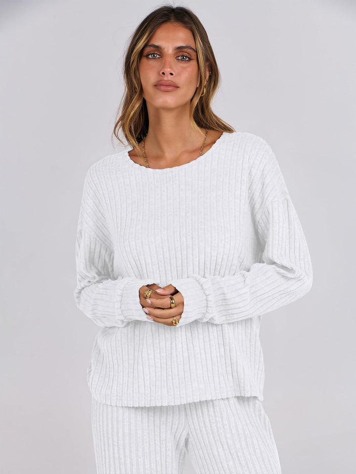 ANRABESS Women 2 Piece Lounge Pajamas Sets Casual Ribbed Knit Long Sleeve Top Pants Matching Set 2026 Fall Outfits Clothes