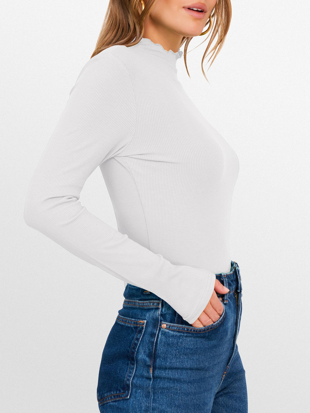 ANRABESS Women's Lettuce Trim Mock Neck Ribbed Top