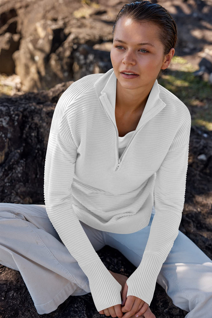ANRABESS Women's Quarter Zip V-Neck Ribbed Sweater