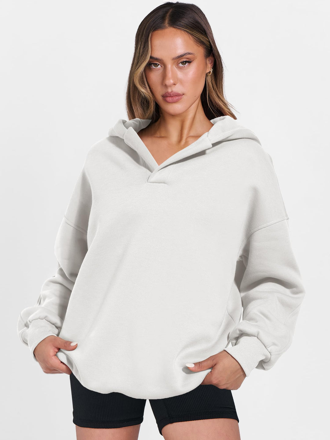 ANRABESS Women's Oversized V-Neck Fleece Hoodie