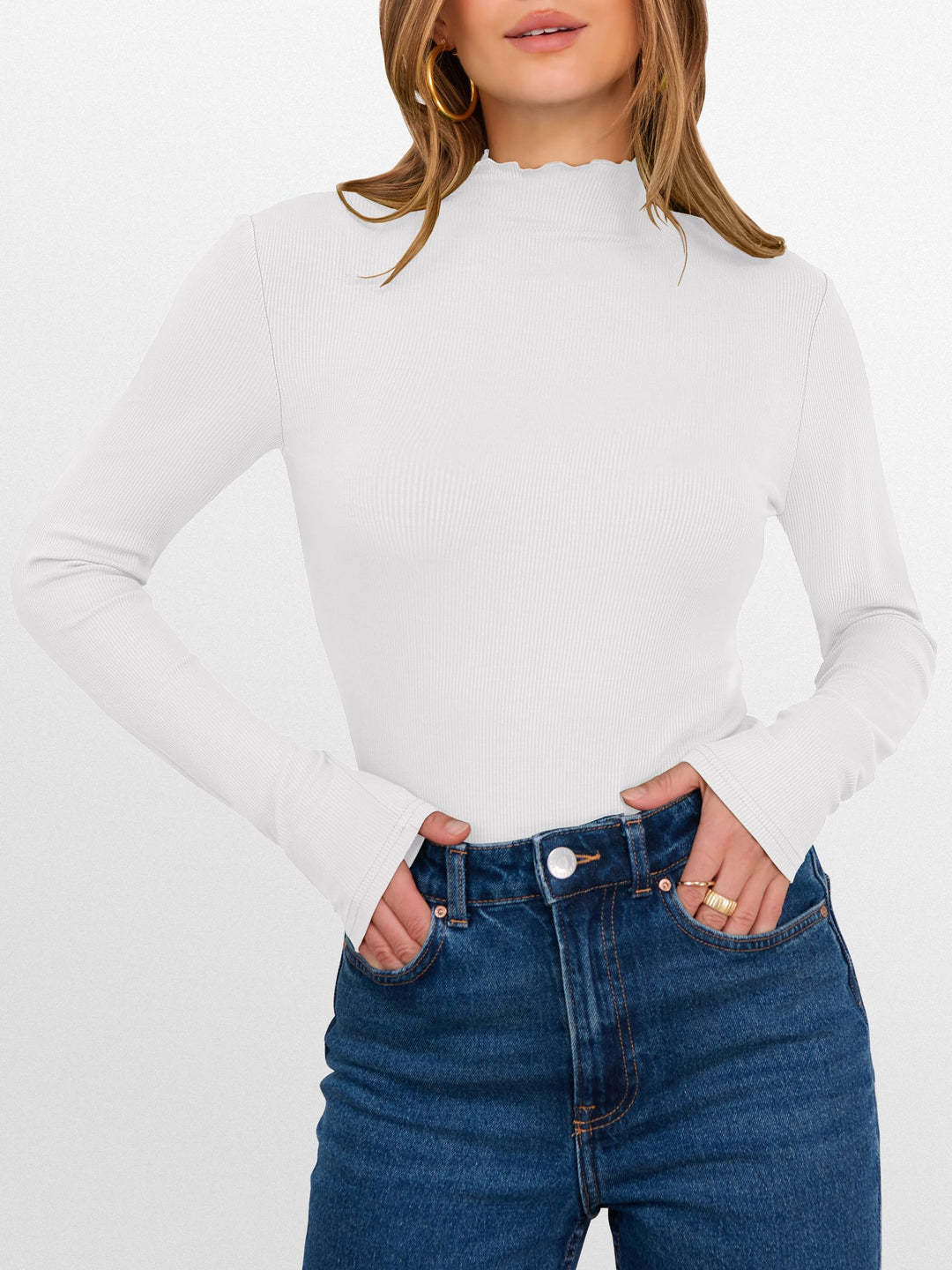ANRABESS Women's Lettuce Trim Mock Neck Ribbed Top