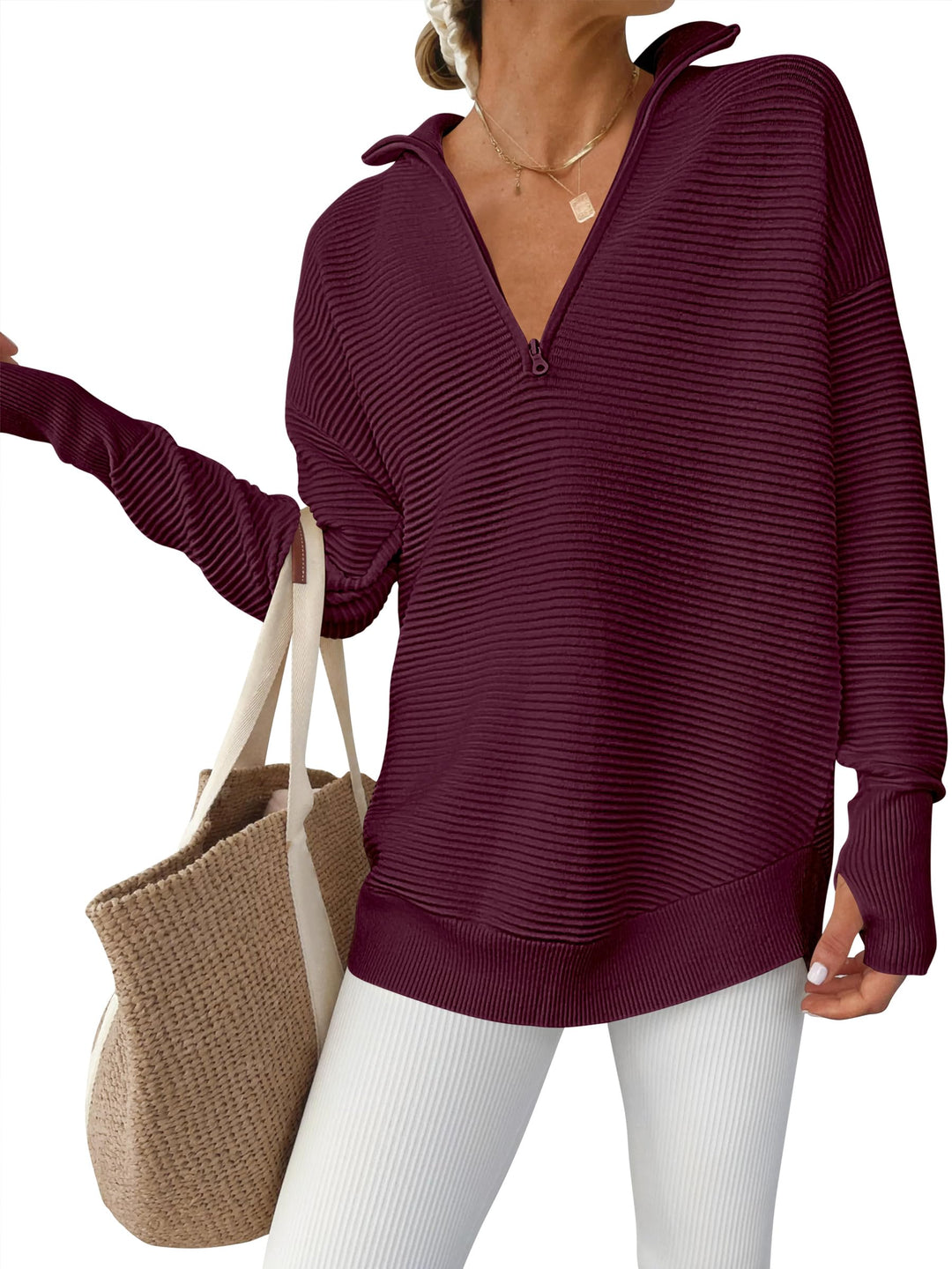 ANRABESS Women's Quarter Zip V-Neck Ribbed Sweater