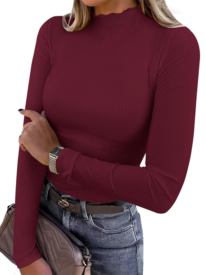 ANRABESS Women's Lettuce Trim Mock Neck Ribbed Top