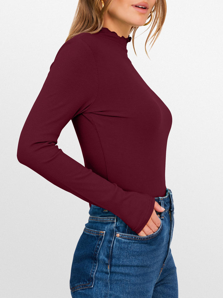 ANRABESS Women's Lettuce Trim Mock Neck Ribbed Top