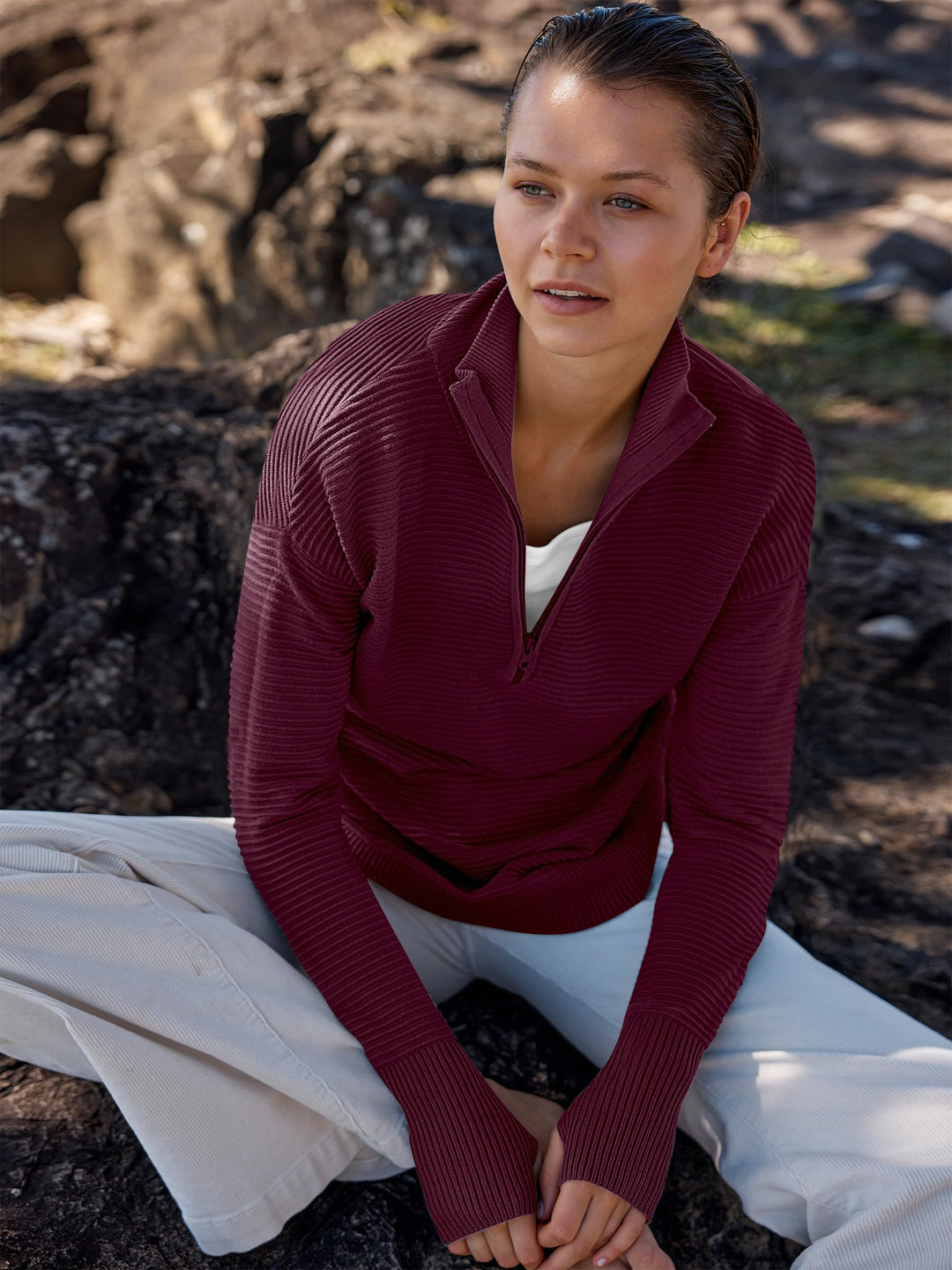 ANRABESS Women's Quarter Zip V-Neck Ribbed Sweater