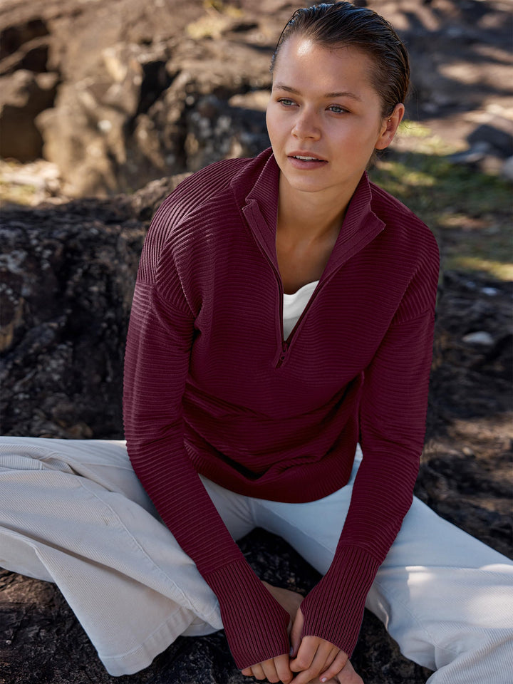 ANRABESS Women's Quarter Zip V-Neck Ribbed Sweater