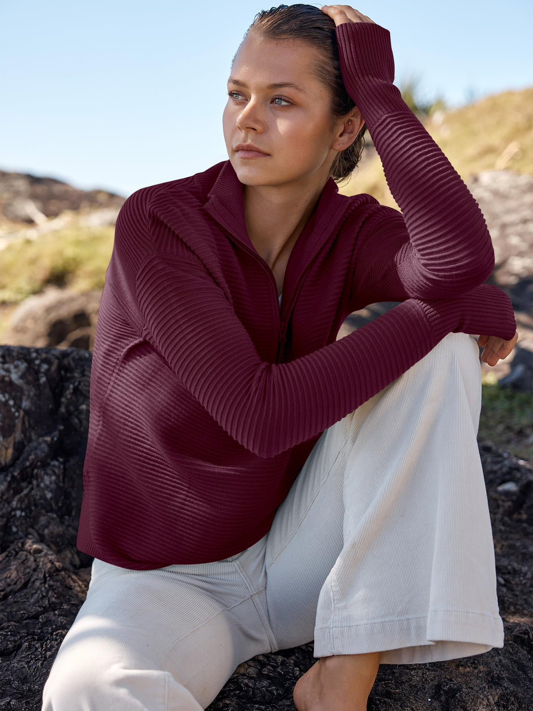 ANRABESS Women's Quarter Zip V-Neck Ribbed Sweater