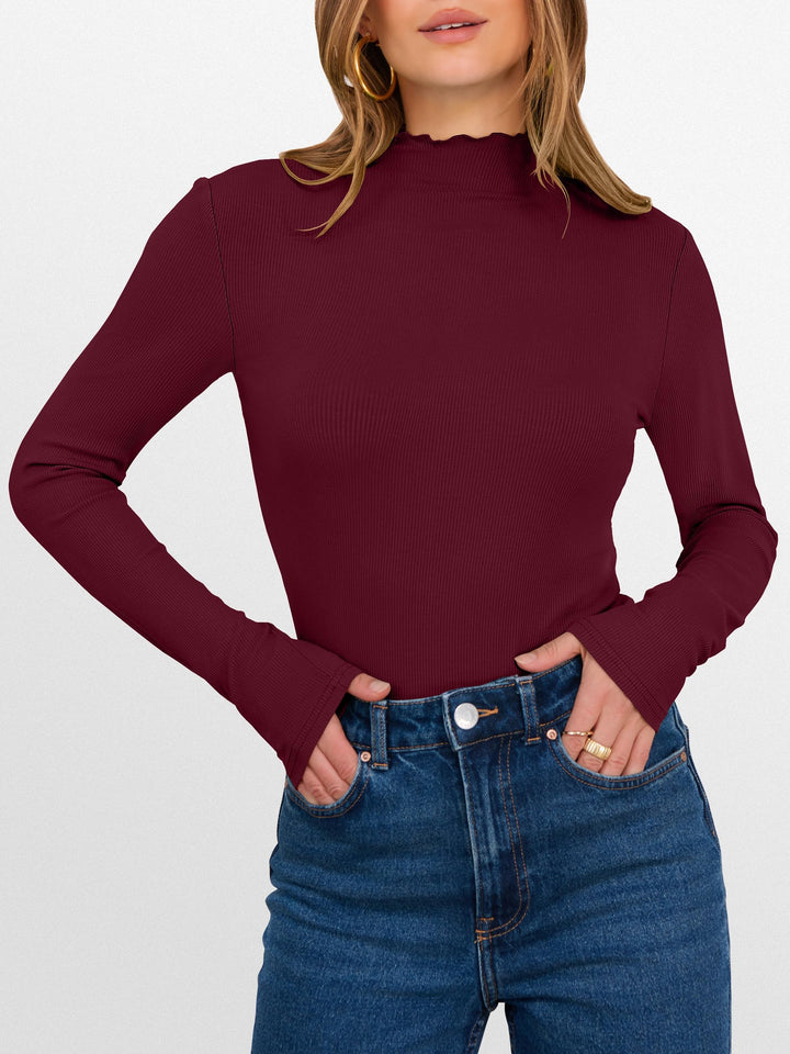 ANRABESS Women's Lettuce Trim Mock Neck Ribbed Top