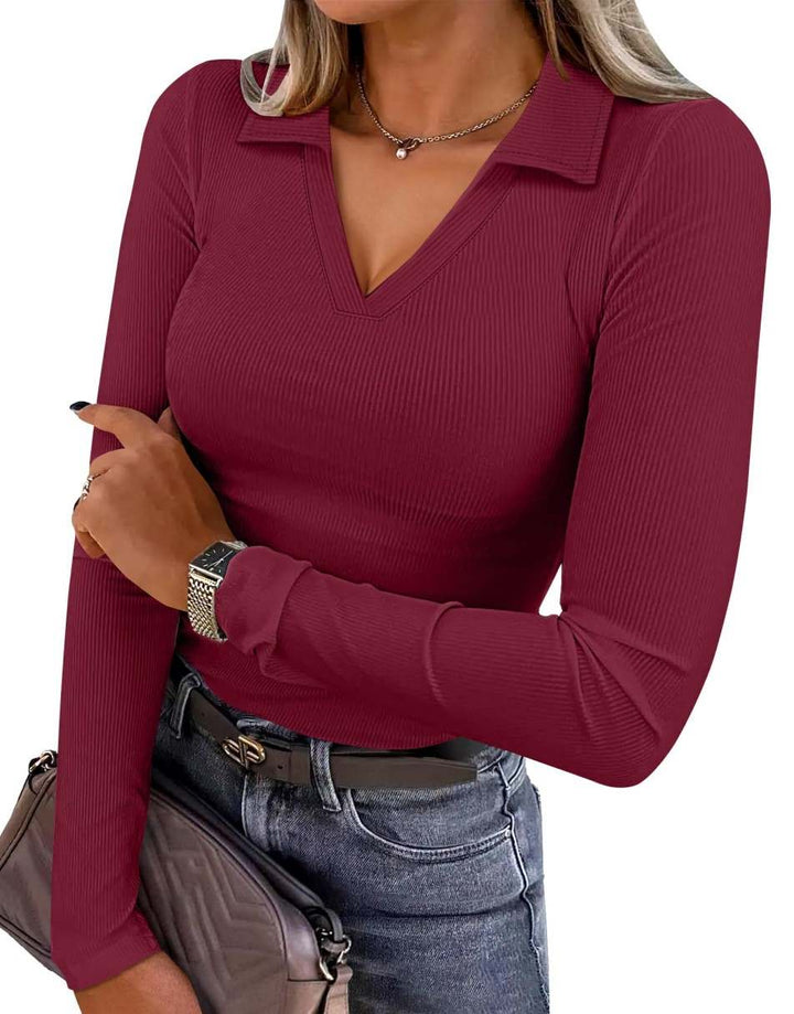 ANRABESS Women's Rib Knit Polo V-Neck Collared Top