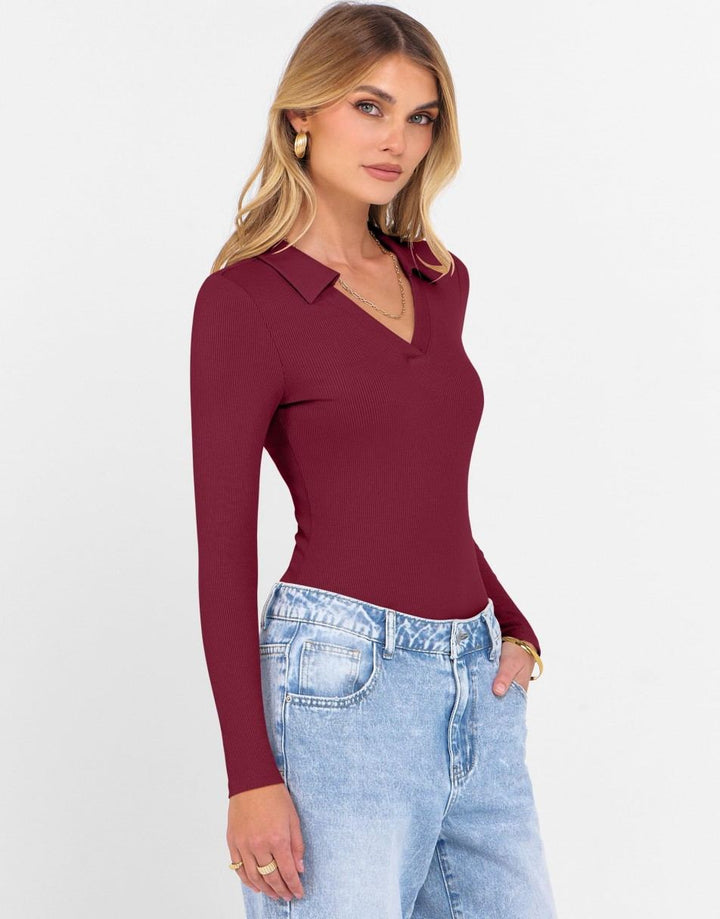 ANRABESS Women's Rib Knit Polo V-Neck Collared Top
