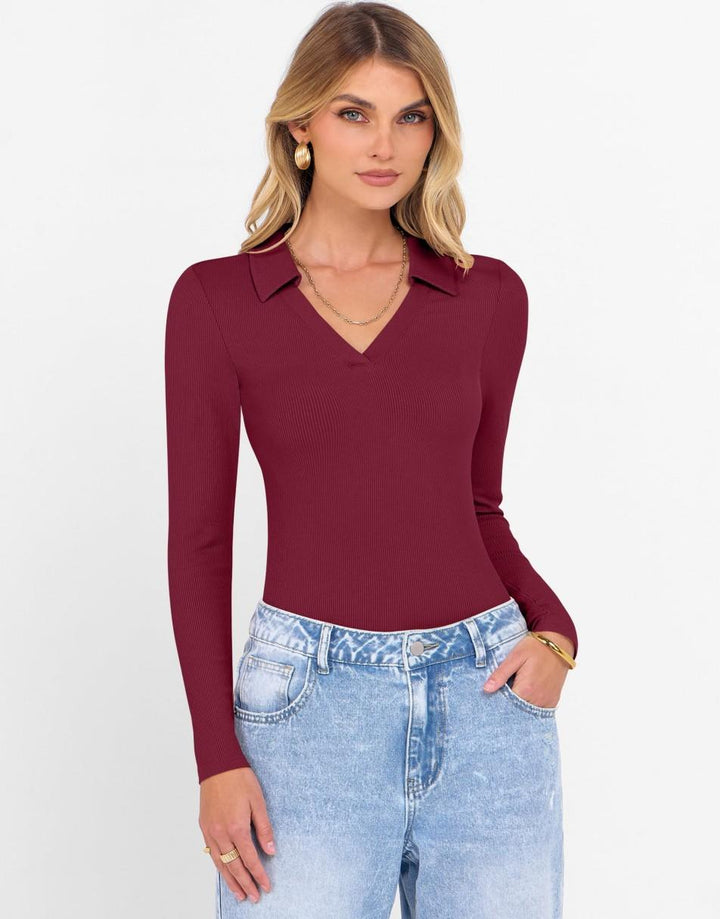 ANRABESS Women's Rib Knit Polo V-Neck Collared Top