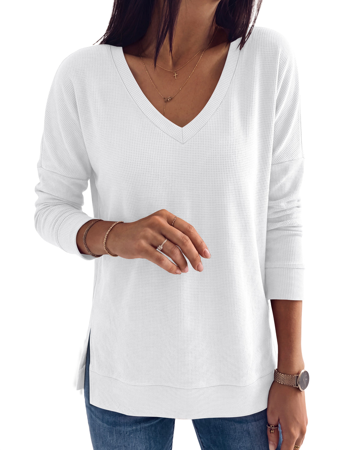 ANRABESS Long Sleeve Shirts for Women, Waffle Knit, V Neck Loose Fit Side Slit, 2026 Fall Sweater Tops for Daily Casual Wear Large