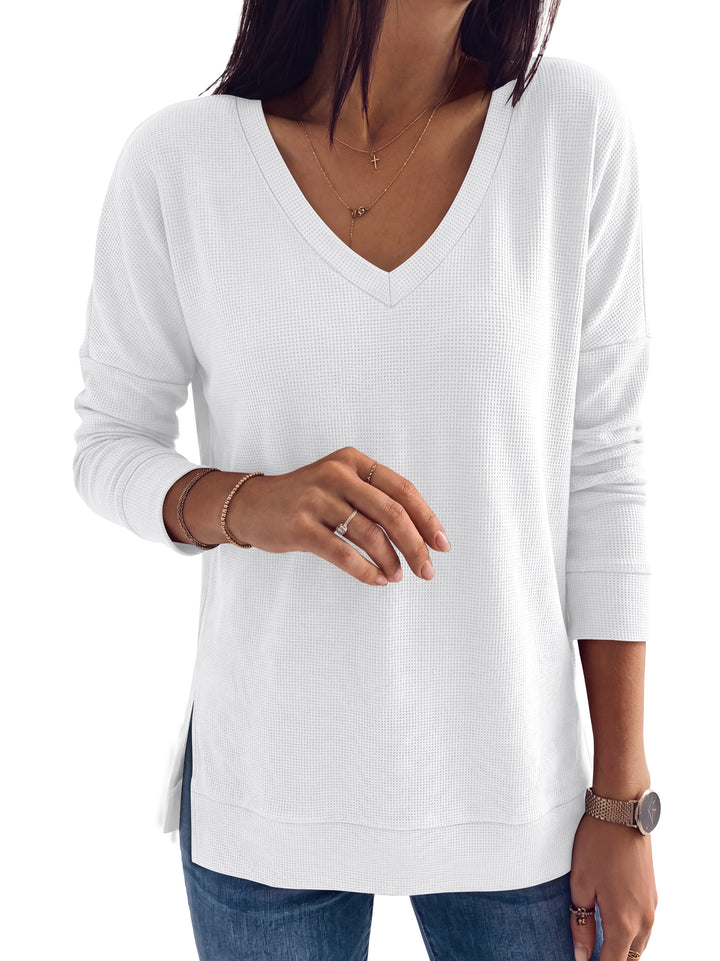 ANRABESS Long Sleeve Shirts for Women, Waffle Knit, V Neck Loose Fit Side Slit, 2026 Fall Sweater Tops for Daily Casual Wear Large