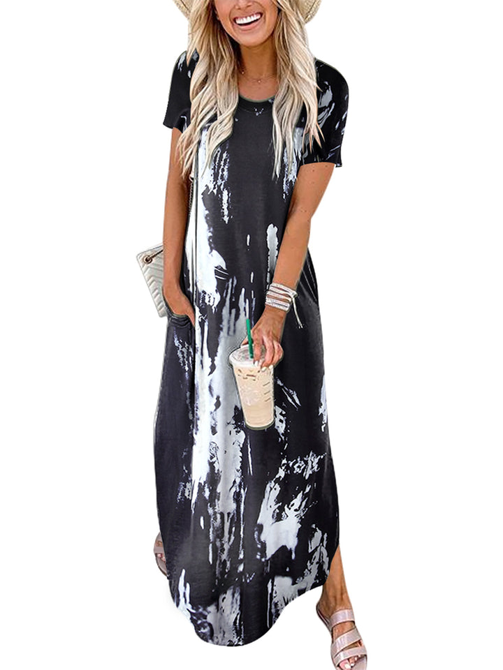 ANRABESS Womens Summer Dress Short Sleeve Maxi T Shirt Dress Loose Casual Beach Sundress with Pockets Side Slit