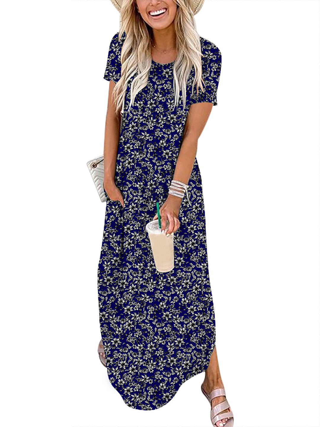 ANRABESS Womens Summer Dress Short Sleeve Maxi T Shirt Dress Loose Casual Beach Sundress with Pockets Side Slit