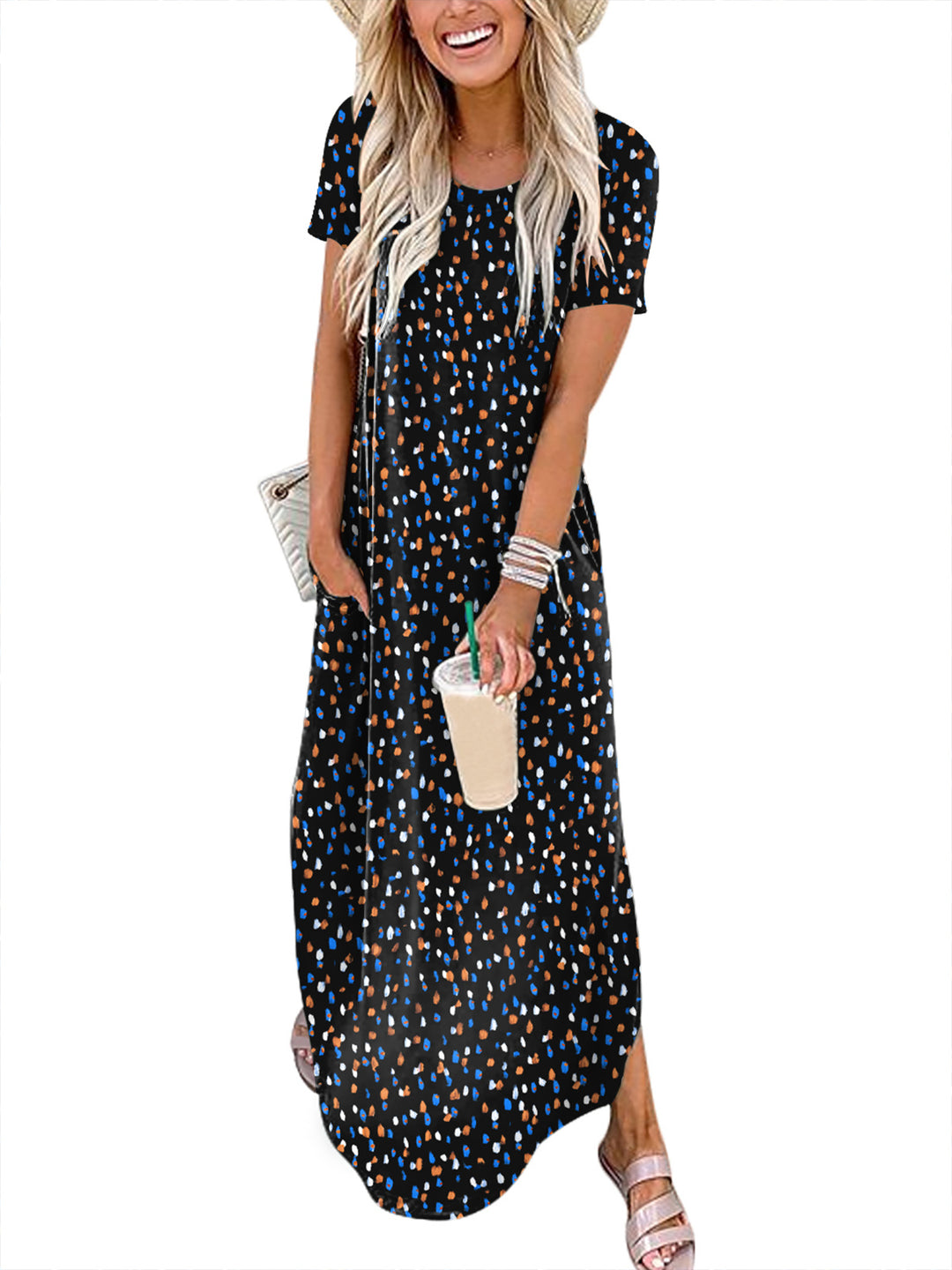 ANRABESS Womens Summer Dress Short Sleeve Maxi T Shirt Dress Loose Casual Beach Sundress with Pockets Side Slit