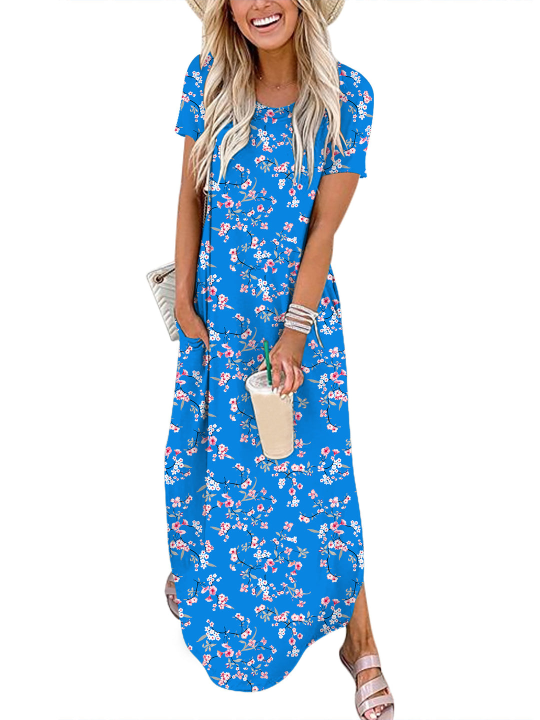 ANRABESS Womens Summer Dress Short Sleeve Maxi T Shirt Dress Loose Casual Beach Sundress with Pockets Side Slit