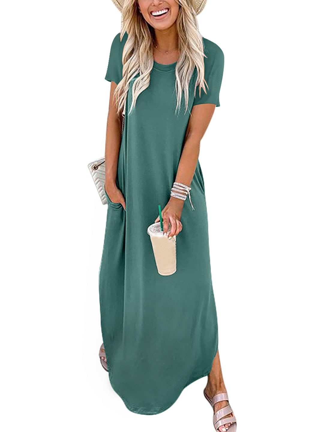 ANRABESS Womens Summer Dress Short Sleeve Maxi T Shirt Dress Loose Casual Beach Sundress with Pockets Side Slit