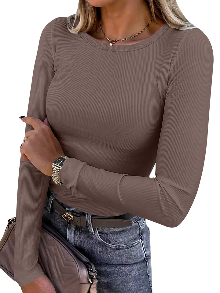 ANRABESS Long Sleeve Shirts for Women Ribbed Knit Slim Fit Basic Tops Crewneck Tees Spring Fall Casual Underscrubs Layer Clothes