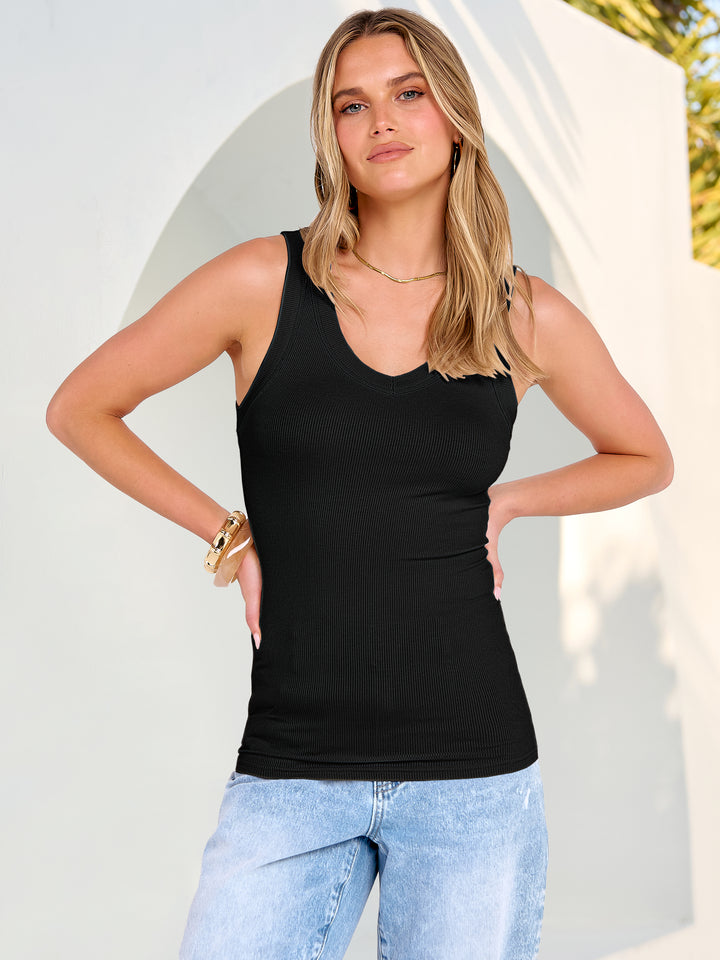 ANRABESS Womens Tank Tops 2026 Ribbed V Neck Summer Tops Basic Slim Fitted Sleeveless T Shirts Soft Knit Cami Tee Casual Layering Shirts