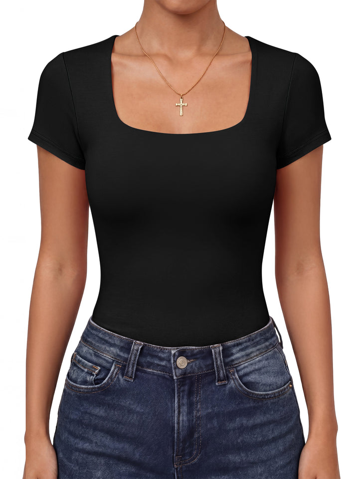 ANRABESS Womens Short Sleeve Tops Built in Bra, Square Neck Slim Fit Basic Crop Tee Shirts, 2026 Summer Going Out & Workout