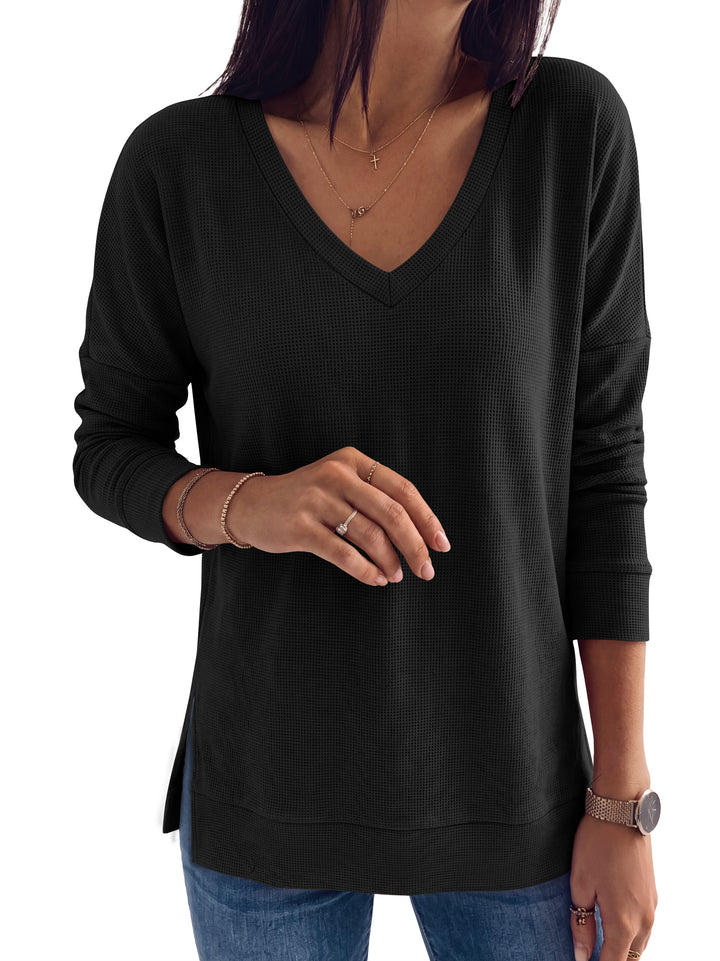 ANRABESS Long Sleeve Shirts for Women, Waffle Knit, V Neck Loose Fit Side Slit, 2026 Fall Sweater Tops for Daily Casual Wear Large
