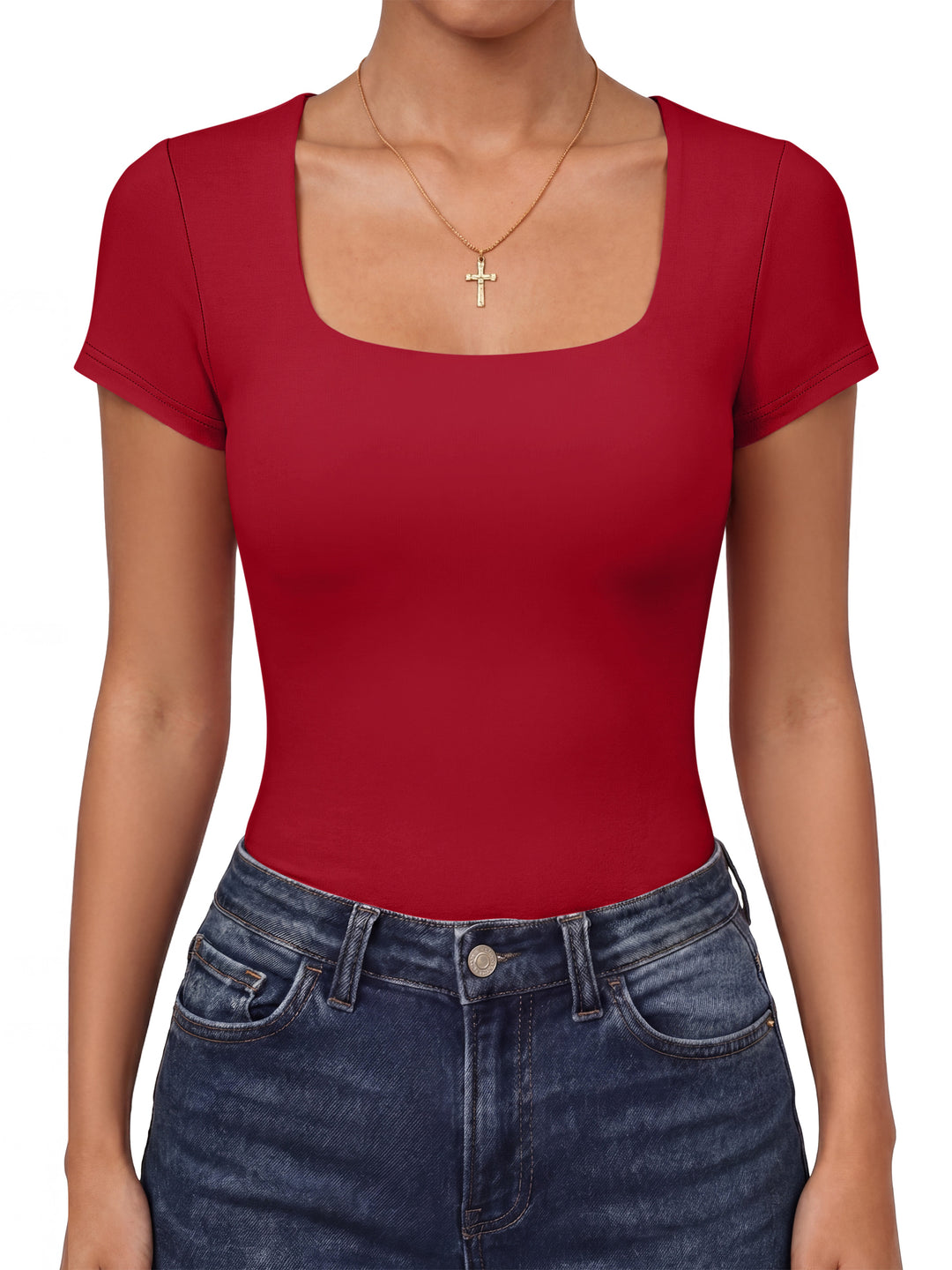 ANRABESS Womens Short Sleeve Tops Built in Bra, Square Neck Slim Fit Basic Crop Tee Shirts, 2026 Summer Going Out & Workout