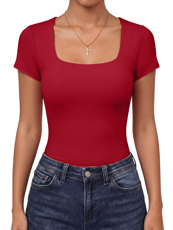 ANRABESS Womens Short Sleeve Tops Built in Bra, Square Neck Slim Fit Basic Crop Tee Shirts, 2026 Summer Going Out & Workout