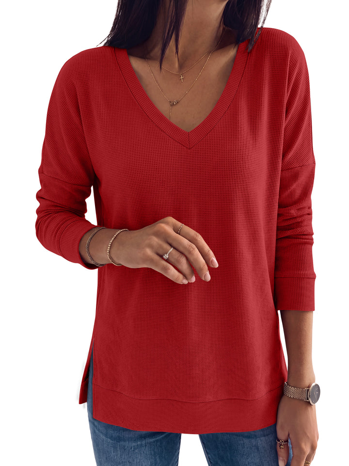 ANRABESS Long Sleeve Shirts for Women, Waffle Knit, V Neck Loose Fit Side Slit, 2026 Fall Sweater Tops for Daily Casual Wear Large