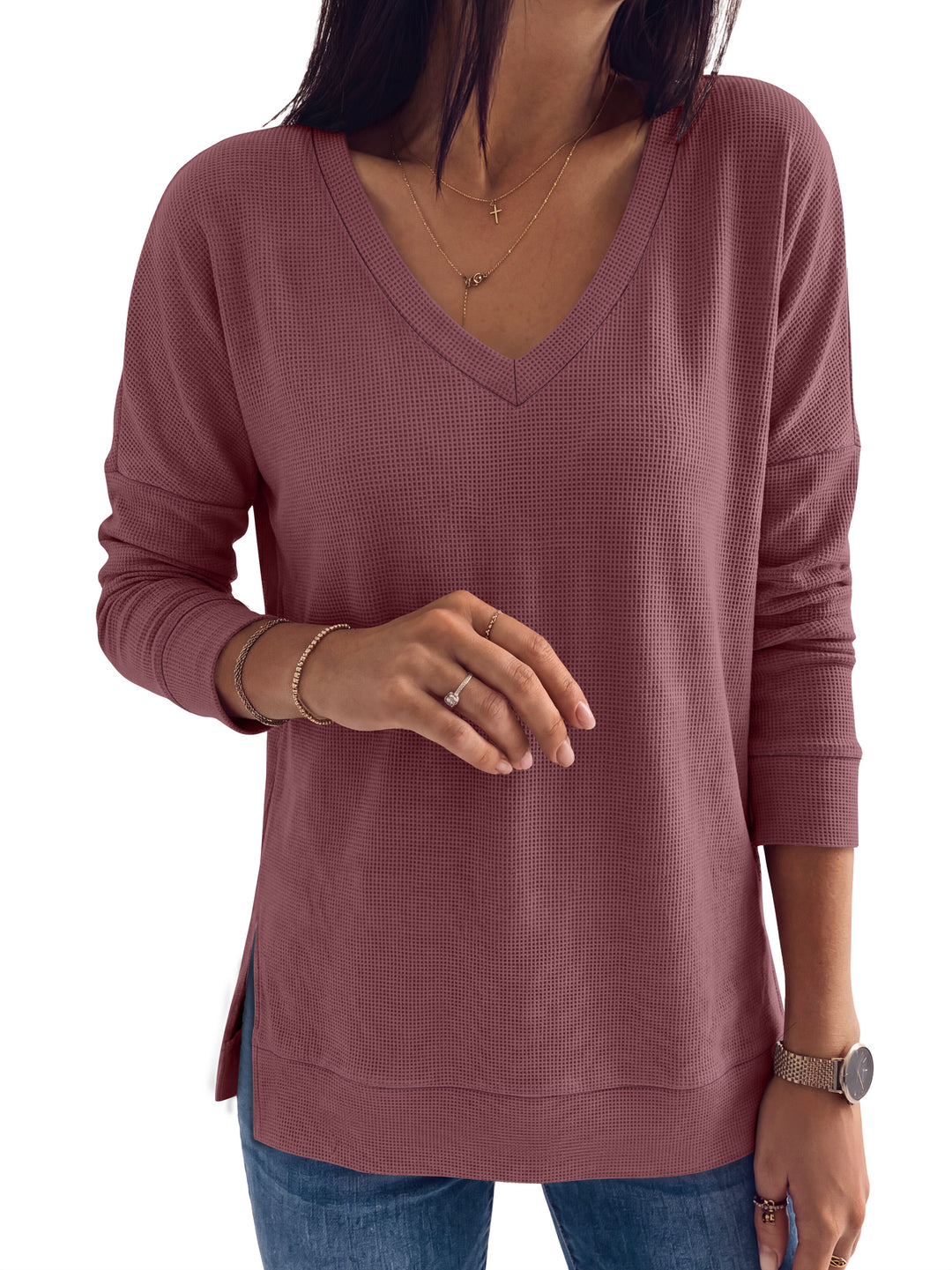 ANRABESS Long Sleeve Shirts for Women, Waffle Knit, V Neck Loose Fit Side Slit, 2026 Fall Sweater Tops for Daily Casual Wear Large