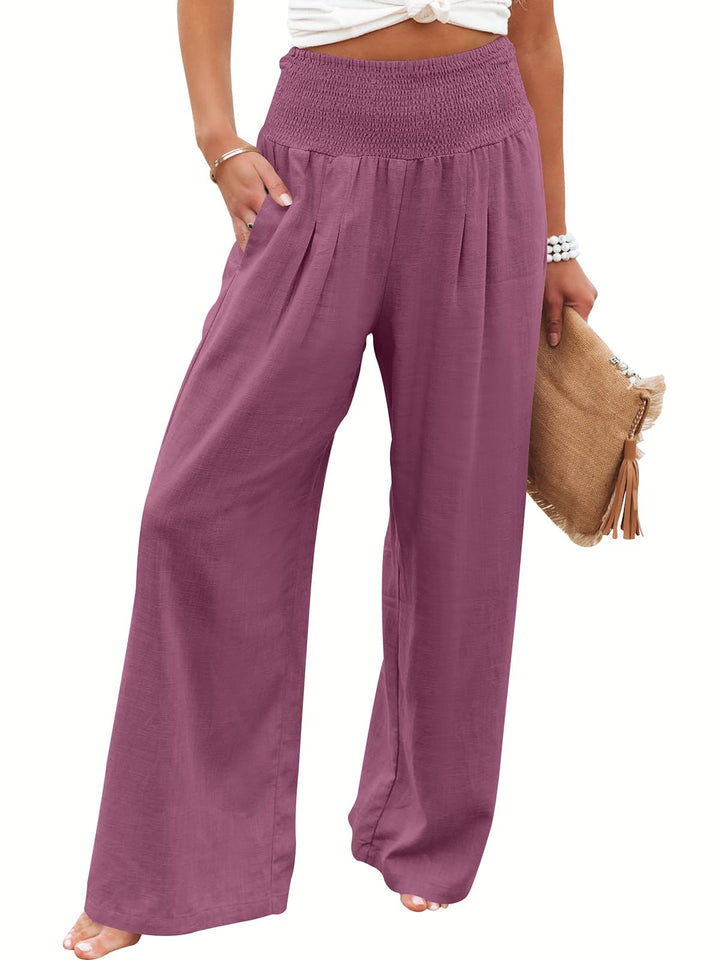 ANRABESS Linen Wide Leg Pants for Women Summer Boho High Waist Palazzo Pants Beach Lounge Casual Trousers with Pockets Vacation Clothes