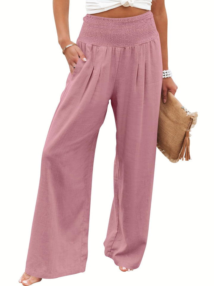 ANRABESS Linen Wide Leg Pants for Women Summer Boho High Waist Palazzo Pants Beach Lounge Casual Trousers with Pockets Vacation Clothes