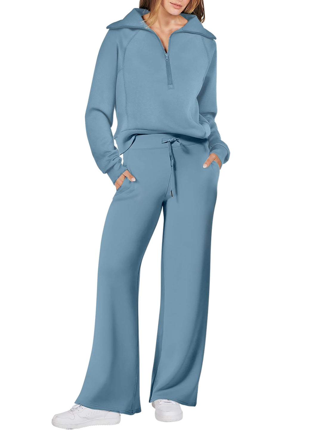 ANRABESS 2 Piece Outfits for Women Half Zip Sweatshirt & Wide Leg Pants Airport Travel Lounge Matching Fall Winter Sets Sweatsuits Clothing